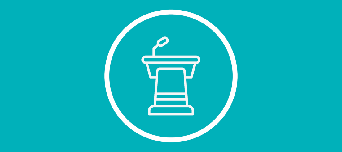 Blue background with white podium icon surrounded by white circle.