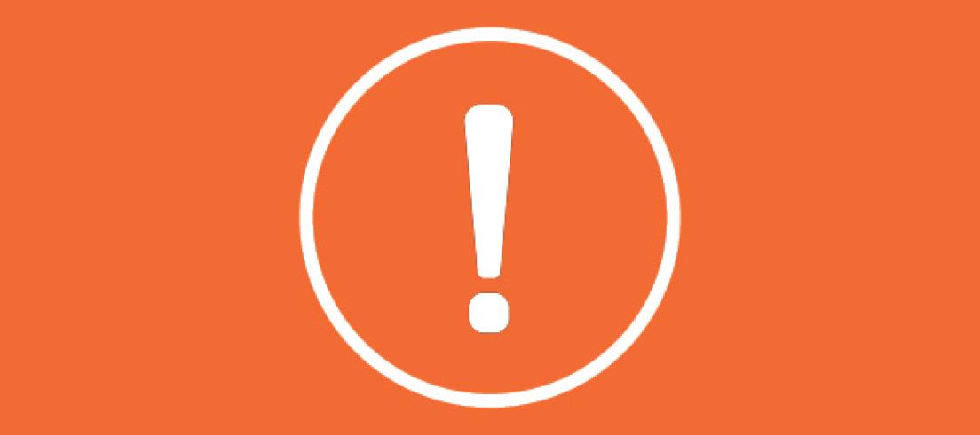 Orange background with white exclamation point surrounded by white circle.