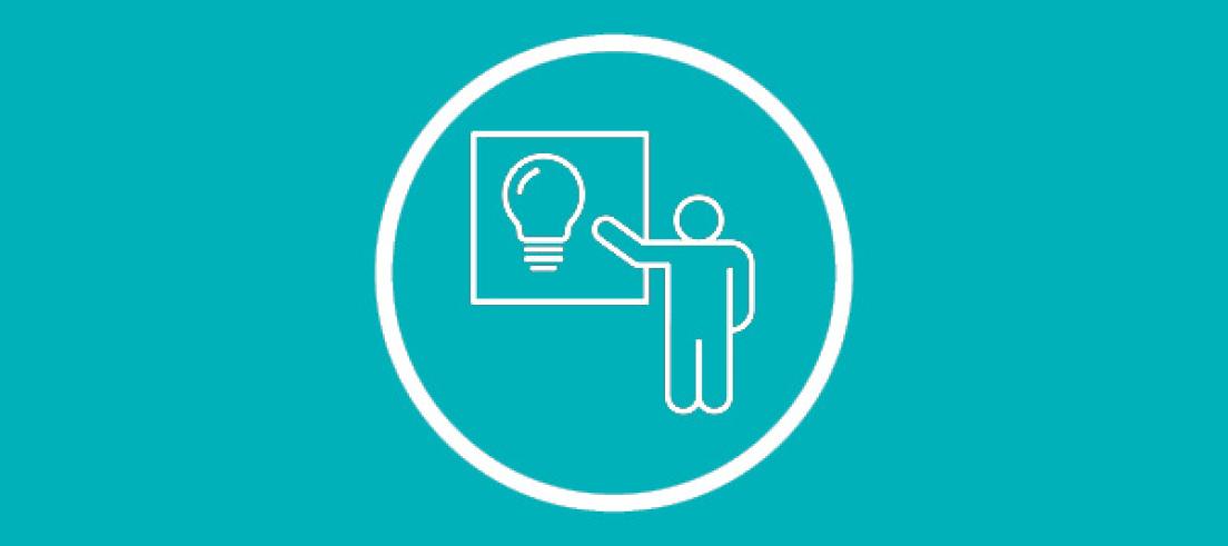 Blue background with white workshop icon surrounded by white circle.