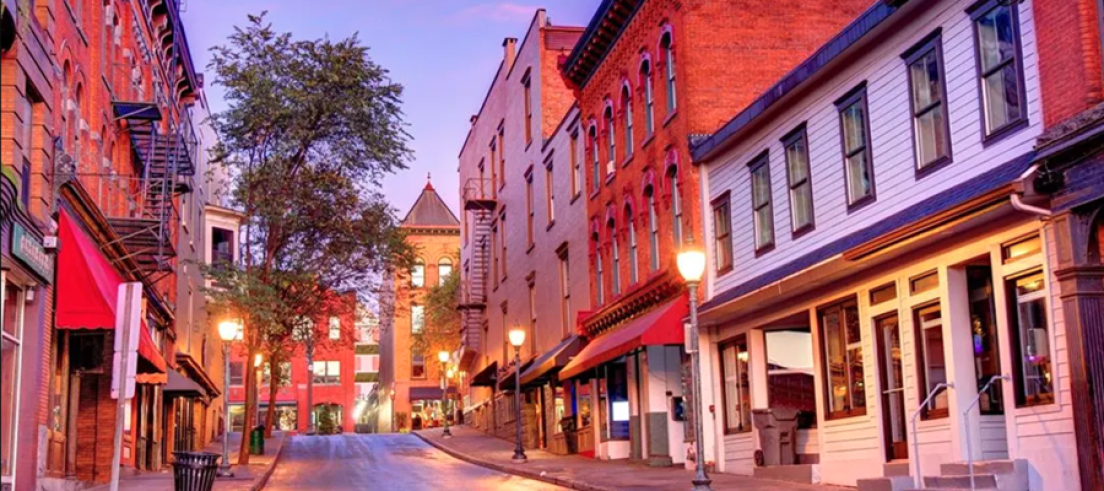 Saratoga Springs downtown buildings at golden hour